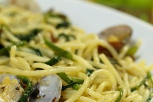 Spaghetti with Basil Olive Oil and Water Spinach